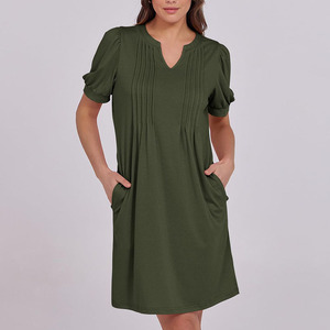 Thời Trang Đơn Giản Của Phụ Nữ V Cổ Ruffle Thiết Kế Ngắn Tay Áo Dresses Mùa Hè Trang Phục Giản Dị Màu Rắn Chiều Dài Đầu Gối Ăn Mặc Với Túi - Product Image 6