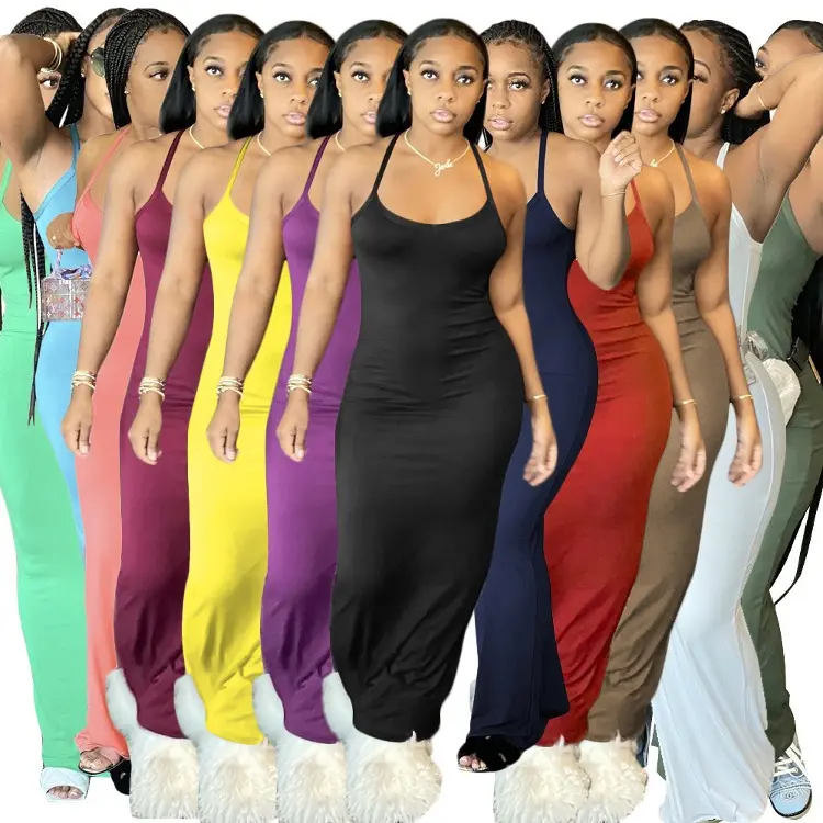 New Women Custom Logo Tag Label Solid Color Bodycon Halter Neck Long Dress Sundresses Women Summer Sexy Maxi Dress Ladies 2023