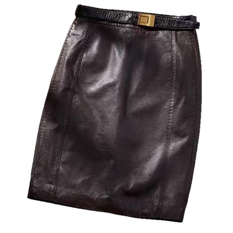 5320 Fashion Women Clothing Midi Leather Skirt  Elastic Genuine Oil-wax Sheepskin Skirt with Belt for Women Office Ladies