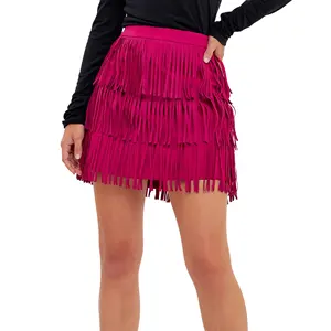 Women's Sexy Party Evening Skirt Rose Night Skirts Tassels Fashion Fringe Faux Suede Girls Mini Skirt for Lady