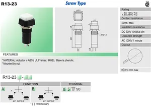 SCI Self-Locking Push Button R13-23 Momentary Reset Plastic Snap-in Type Variety Colors  Red Yellow White Black 1NO1NC 250V