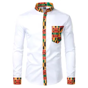 Dashiki Kemeja Kerah Desain Lengan Panjang Pria, Kemeja Motif Afrika Saku Perca Africaine, Kemeja Kerah Desain Lengan Panjang untuk Pria