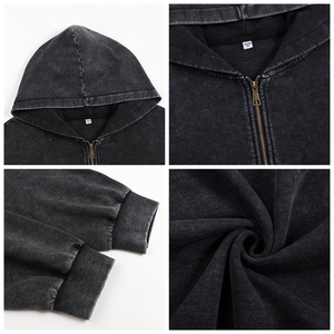 ชุดเซ็ตเสื้อฮู้ดดี้และกางเกงขายาวทรงครอปผ้าเฟรนช์เทอร์รี่สไตล์วินเทจย้อมสีแบบแอซิดวอช แต่งซิป แต่งรอยขาด ประดับคริสตัล รุ่น TKAN514 OEM ผลิตตามสั่ง - Product Image 2