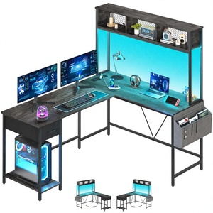 Wooden L-Shape Gaming Desk 5+ Storage Power Outlets LED <b>Lights</b> <b>Monitor</b> Stand-MDF -Eco-Friendly Space-Saving for Gaming Room Home - Product Image 4