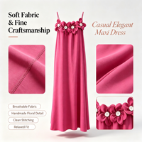 Robe longue maxi à bretelles spaghetti pour femmes, motif floral 3D, décoration de perles, robe longue ample avec poches, bretelles réglables, robe d'été pour la plage
