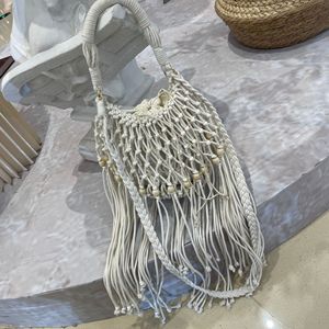 Borsa a Rete Boho in Macramè, Borsa Intrecciata a Mano in Cotone con Frange e Dettagli di Perline, Mini Borsa Estiva da Spiaggia - Product Image 5
