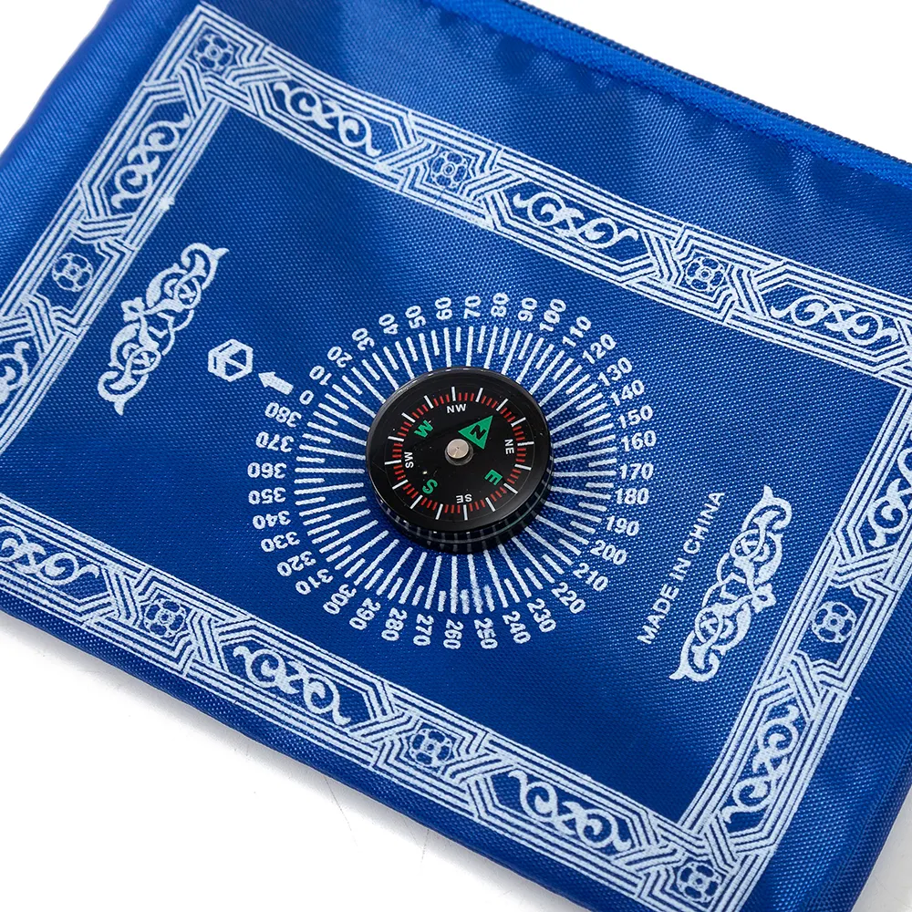 Islamic Prayer Rug Blue Pocket Portable Muslim Travel Backrest Prayer Mat Carry Bag Compass