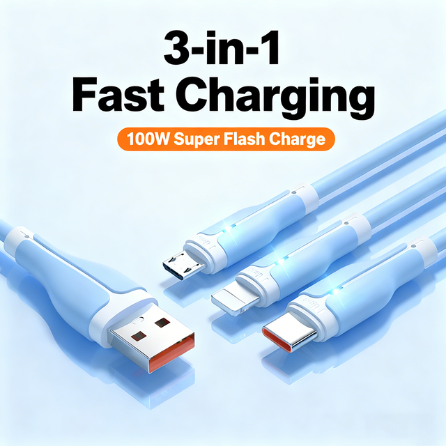3 in 1 TPE Charging Cable 1M 100W Fast Charging LED Light Flowing Blue Pink Type-C Micro USB IPhone Port
