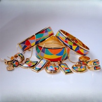 Nouvel ensemble de bijoux cloisonné motif Enjoy Life, bracelets en émail, bracelet jonc plaqué or, boucles d'oreilles et bague pour femme, classique pour les fiançailles