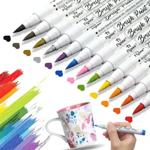 Flysea 12 Colors Customized Brush Tip Paint Pen Water Based Permanent Acrylic Paint Marker Pen