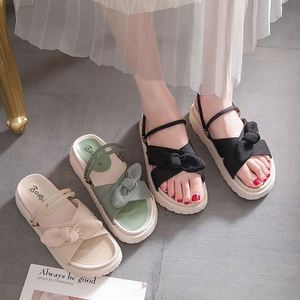 Women's Platform Canvas <b>Sandals</b> with Thick Soles and Bow Decorations-Spring Beach Shoes or Flat <b>Sandals</b> - Product Image 6