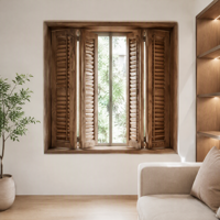 Porte pliante en bois massif, couleur bois naturel, persiennes réglables, lames orientables, séparateur de pièce, volet de fenêtre
