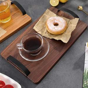 Plateau de service en bois naturel massif avec poignées en cuir idéal pour les fêtes à la maison affichage de la nourriture café thé collations servant - Product Image 3