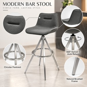 Taburete de Bar Moderno Tapizado en Gris con Base Giratoria de Acero Inoxidable, Envío DDP a EE. UU. - Product Image 4