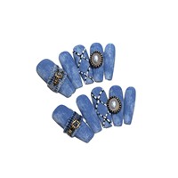 Faux Ongles Artificiels Cercueil Extra Longs Bleus Faits Main à Coller ABS 10 Pièces – Kit de Faux Ongles 3D Bleus avec Motifs