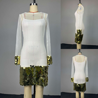 HK73456 Fournisseur de vêtements de boutique Robe camisole élégante et décontractée pour femme, à découpes, col rond, patchwork, sequins, coupe ajustée, manches longues