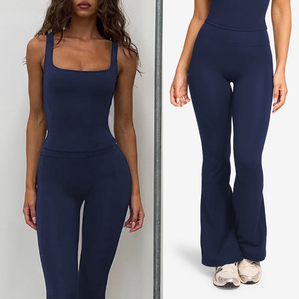 Women's Sporty Solid Long Yoga Suit 2-Piece Set Flared Trousers & Running Sports Vest Pilates Moisture-wicking