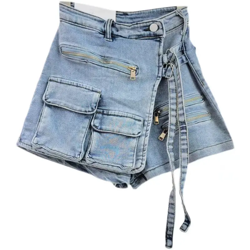 Mode tendance Cargo poche conception Denim jupe femmes lâche loisirs taille haute Mini jupes femme 2024 printemps/automne