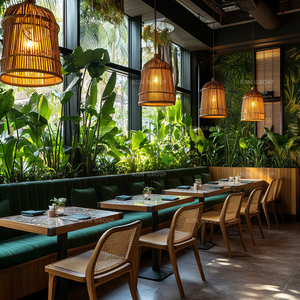 ชุดเฟอร์นิเจอร์ร้านอาหาร โต๊ะร้านกาแฟไม้หน้าโต๊ะมีลวดลาย เก้าอี้ไม้พนักพิงหวาย และโซฟาผ้าสีเขียวสำหรับร้านกาแฟ - Product Image 1