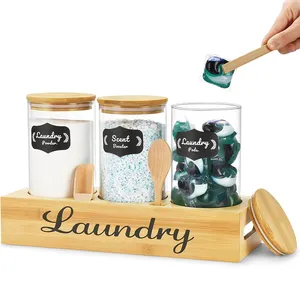 Custom Laundry Pods Detergent Powder Holder Container Dispenser With Bamboo Tray Spoon