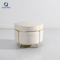 QIANCHENG Repose-pieds Ottoman en Velours Blanc, Petit Pouf Rond en Acier Inoxydable, Banc Rembourré