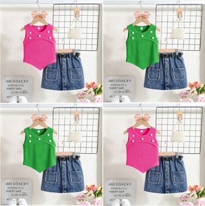 แฟชั่นเด็ก เสื้อผ้าเด็ก เสื้อกั๊กประดับลูกปัดลายดอกไม้สำหรับเด็กผู้หญิงช่วงฤดูร้อน และชุดกระโปรงยีนส์ประดับลูกปัด ชุดเสื้อผ้าเด็กผู้หญิง 2-8 ปี - Product Image 2