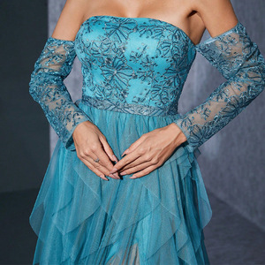 Nouvelle robe de soirée estivale pour femme, sans bretelles, à sequins, avec ourlet en tulle, moulante, transparente, à superpositions, longue et élégante - Product Image 5