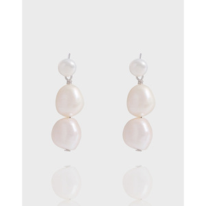 Pendiente de cadena de perlas barrocas naturales, pendientes con cuentas de perlas blancas, pendientes de perlas de poste de plata S925 - Product Image 4