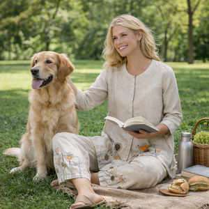 Set Due Pezzi Personalizzato per Donna: Tunica con Ricamo Floreale e Orlo Asimmetrico in Misto Lino e Cotone, e Pantaloni con Vita Elasticizzata - Product Image 4