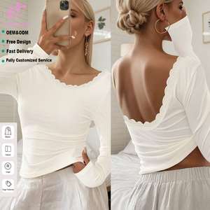 Loveda Groothandelsprijs Dameskleding Effen Kleur Sexy Spicy Girl Rugloze Gecombineerde Kant Pit Stripe Slim Fit Langarm Top - Product Image 1