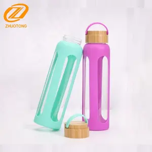 Glass Water Bottle With Sleeve New Arrival Bamboo Lid Portable Borosilicate Glass Drinking Water Bottle With Silicone Sleeve