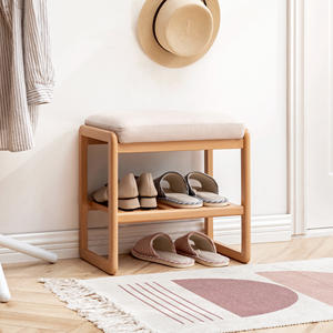 Banc à chaussures en bois de hêtre massif avec coussin et rangement, mobilier de chambre moderne, design scandinave, à poser au sol - Product Image 4