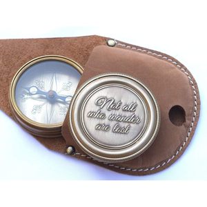 Brass <b>Compass</b> with Leather Case <b>Engraved</b> Not All for Wander Are Lost Magnetic Navigational Portable Pocket Hiking Guide - Product Image 3