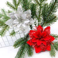Bunga Poinsettia Buatan Berlapis Glitter Emas Natal 13CM, Aksesoris Untuk Pohon Natal dan Karangan Bunga