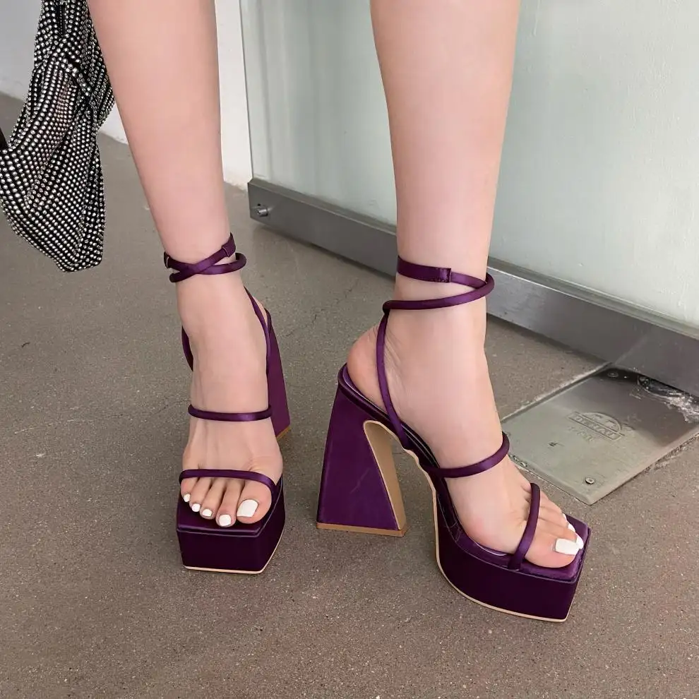BUSY GIRL XSD4479 Heeled Sandals Women White Satin Triangle Block High Heels Shoes For Women Zapatos Platform Heels For Ladies