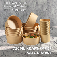 Bol à salade jetable en papier kraft de qualité alimentaire à paroi simple avec feuille d'or &amp;   Embossage, capacité de 750 ml et couvercle en PET