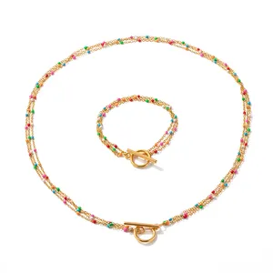 Colorful Oil Drop Beads Charm Necklace Stainless Steel O-T Buckle T Bar Pendant Necklace For Women