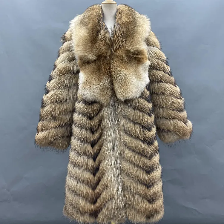 Winter warm long fur coat fluffy wolf fur collar natural raccoon fur coat for womenand men