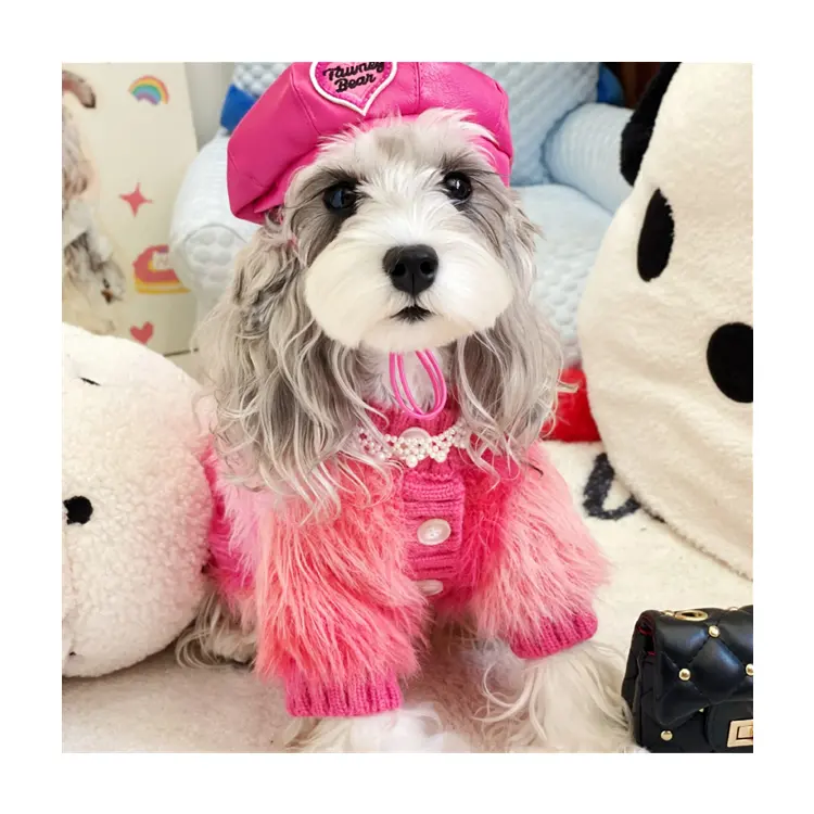 2024 Mode Luxe Faux Bont Pluizige Hond Kleding Deluxe Winter Roze Gebreide Trui Voor Honden Katten