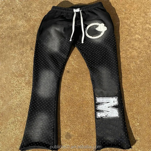 Streetwear personnalisé en détresse brodé Patch strass sweat à capuche zippé et pantalon de survêtement ensemble hommes lavage à l'acide survêtement - Product Image 4