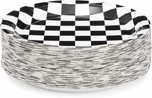 9-Inch White 350gsm CMYK Race Car Checkered Flag Eco-Friendly <b>Disposable</b> Paper <b>Plate</b> FDA Approved for Parties - Product Image 2