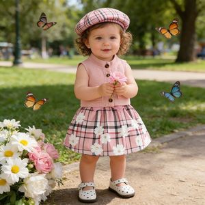 Ensemble d'été pour bébé <span class=keywords><strong>fille</strong></span> de 0 à 3 <span class=keywords><strong>ans</strong></span> : Manteau sans manches à col montant simple boutonnage en laine peignée + Robe-veste à carreaux côtelés et chapeau - Product Image 2