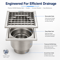 Siphon de sol carré en acier inoxydable 304, anti-odeur, avec grille à joint profond, surface brossée, garantie 2 ans pour cuisine commerciale et salle de bain