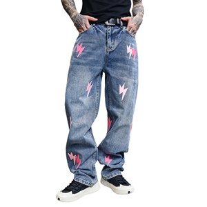 Design personnalisé Nouveaux jeans décontractés taille moyenne pour hommes Loose Straight <span class=keywords><strong>Tube</strong></span> Leather Patch Lightning Embroidery Colored Washed Technique - Product Image 2