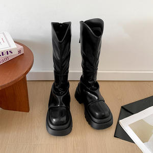 Maigre britannique à lacets imperméable à semelle épaisse bottes longues pour femmes 2025 nouveau automne/hiver rétro hauteur augmentant col en v chevalier - Product Image 6