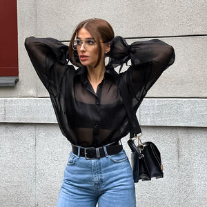 Camisa de malha preta, camisa elegante de manga lanterna solta, casaco de comprimento médio feminino - Product Image 1