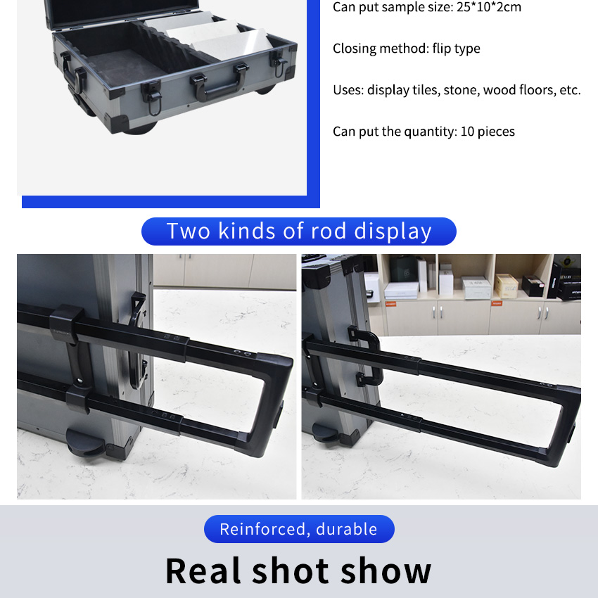 Hot Selling Factory Showroom Aluminium Packaging Marble Trolley Box Wheel Tiles Quartz Case Stone Display Tile Sample Suitcase