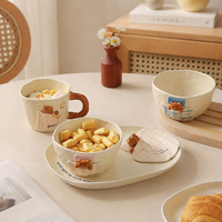 Ensemble de petit-déjeuner en céramique fait main personnalisé avec un ours endormi mignon, tasse à café, bol, assiette, vaisselle pour la maison, la cuisine, l'usage quotidien