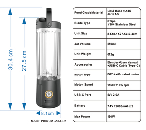Blender personnel portable mini de 550 ml, rechargeable par USB, pour faire des smoothies, des jus de fruits, fonctionne sur batterie - Product Image 6