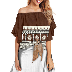 Samoan Fijian <span class=keywords><strong>Masi</strong></span> Design camicette con spalle scoperte camicette da donna a maniche corte estive Casual Fashion Bow Design donna top in Chiffon - Product Image 1